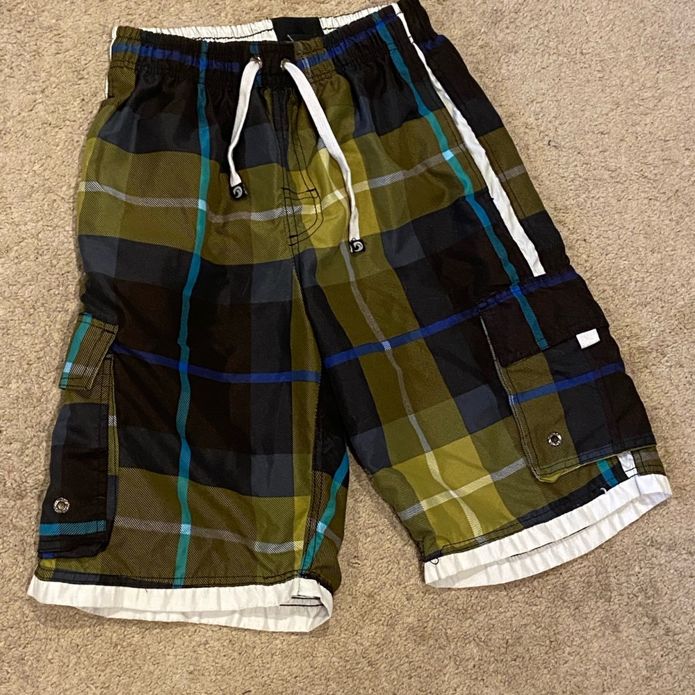 Plaid Men's Swim Trunks Black and Green